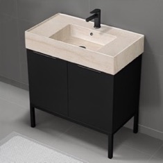 Modern Black Bathroom Vanity, 32 inch, Travertine Style Sink, Free Standing